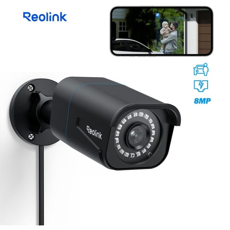 Caméra de Surveillance PoE 4K 8MP Détection Personne et Véhicule, Vision Nocturne 30 mètres, RLC-810A Noir - Reolink