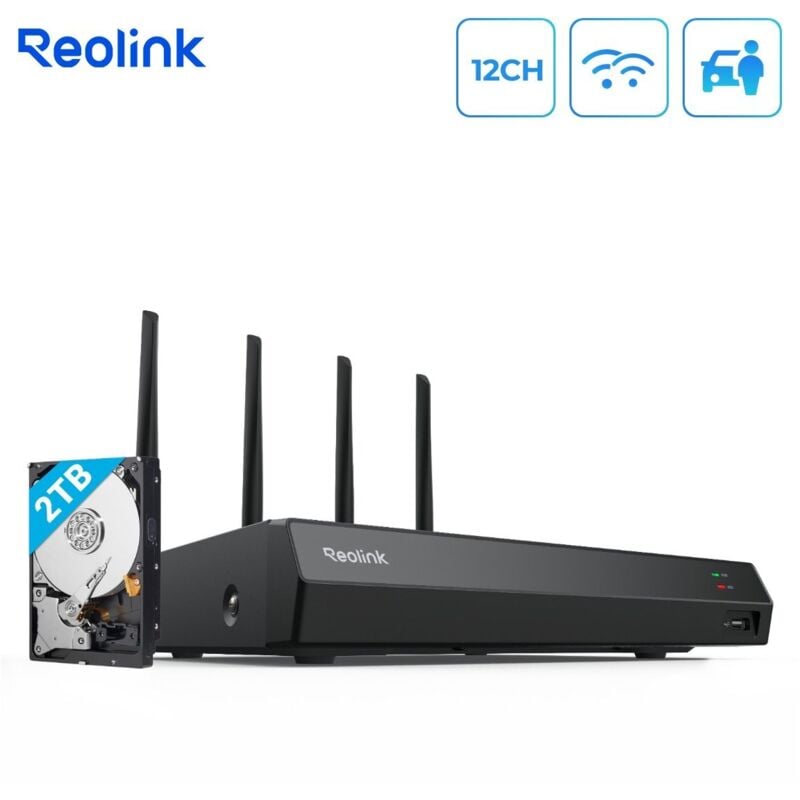 Reolink - Caméra de Surveillance nvr Dual-Band Wi-Fi 6 12 Canaux pour Enregistrement 24h/7j Fiable, hdd 2To Intégré, Supporte Les Caméras WiFi, RLN12W