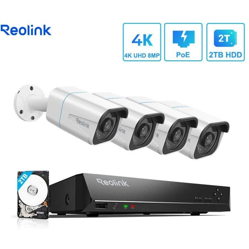 Kit de Vidéosurveillance 4K 8MP Détection de Personne et Véhicule 4K, Disque dur 2To intégré, RLK8-800B4-A - Reolink