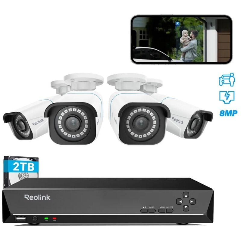 Reolink - Kit Vidéo Surveillance avec 4K 8MP 4X Bullet Caméra ip PoE et 8CH 2To nvr, Détection Personne/Véhicule, Vision Nocturne 30m avec Audio