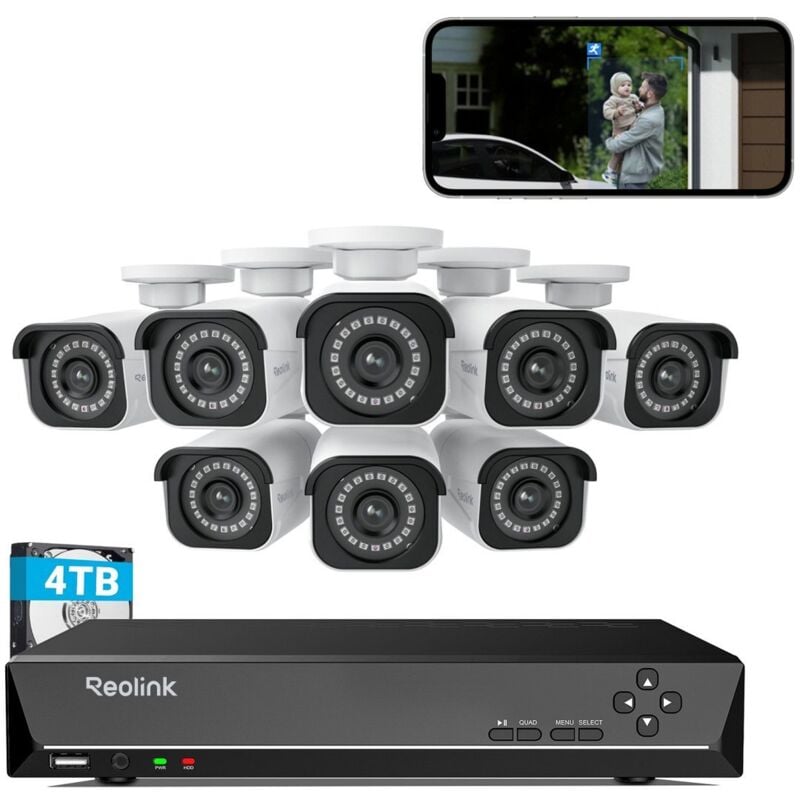 Reolink Kit Vidéo Surveillance avec 4K 8MP 8X Bullet Caméra IP PoE et 16CH 4To NVR, Détection Personne/Véhicule, Vision Nocturne 30m avec Audio