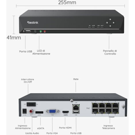 Reolink NVR PoE 8 Canali RL-RP-PN8-NHD, 2TB, Fino a 16MP, Nero