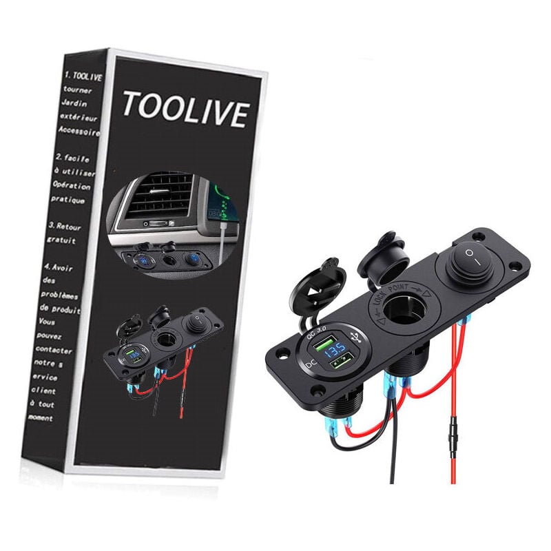 Start - Répartiteur allume-cigare 12 v – 24 v Dual QC3.0 avec écran led Voltmètre + prise usb + interrupteur étanche pour voiture, bateau, moto,