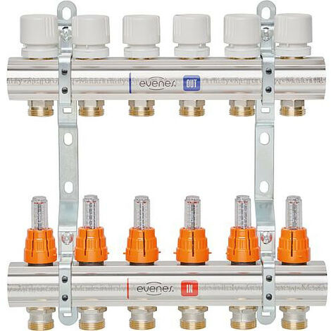 Repartiteur de chauffage EVENES type M6 7 DN25 1 laiton 7 circuits avec debitmetre