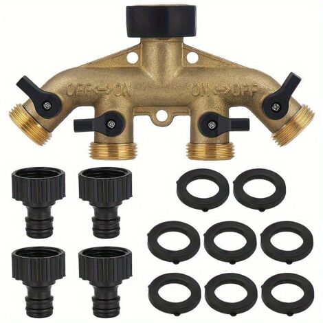 Répartiteur de Robinet de Jardin 4 Voies en Laiton – Diviseur d’Irrigation Multitâche avec Adaptateur, Filetage Européen 3/4"