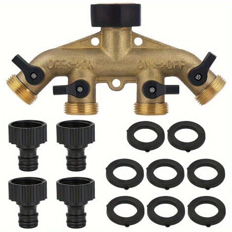Répartiteur de Robinet de Jardin 4 Voies en Laiton – Diviseur d’Irrigation Multitâche avec Adaptateur, Filetage Européen 3/4"