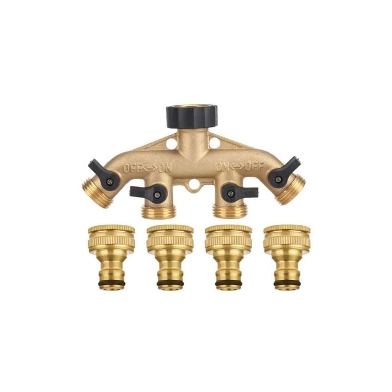 Crea - Répartiteur de tuyau 4 voies en laiton massif avec vannes d'arrêt, robinet et sorties 1,9 cm, peut utiliser jusqu'à 4 tuyaux à la fois.