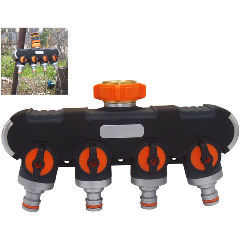 Répartiteur de tuyau d'arrosage, connecteur de tuyau d'eau robuste à 4 voies, collecteur de tuyau d'eau, adaptateur de robinet avec poignée