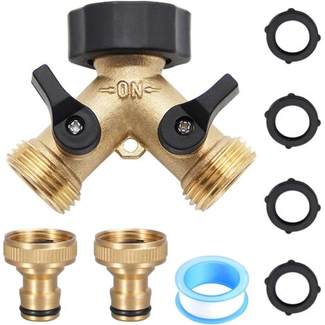 Répartiteur en Y à 2 voies 3/4" avec valve à bille d'arrêt – Comprend 2 adaptateurs de tuyau, 4 joints en caoutchouc et ruban d'étanchéité PTFE, idéal pour la maison et le jardin