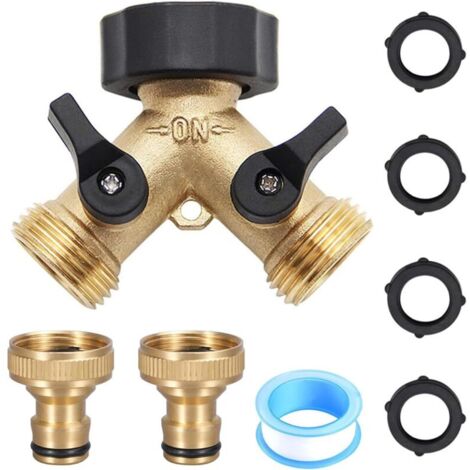 Répartiteur en Y à 2 voies 3/4" avec valve à bille d'arrêt – Comprend 2 adaptateurs de tuyau, 4 joints en caoutchouc et ruban d'étanchéité PTFE, idéal pour la maison et le jardin