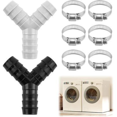 Répartiteur en Y à 2 voies pour tuyaux d'évacuation pour machine à laver et lave-vaisselle 20mm de diamètre Connecteur de tuyau en plastique Comprend trois colliers de serrage universel