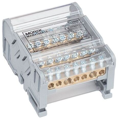 Répartiteur modulaire tétrapolaire 100A – 7 départs 2x25mm² + 5x6mm² – Installation sur rail DIN – Boîtier auto-extinguible UL 94 V-0