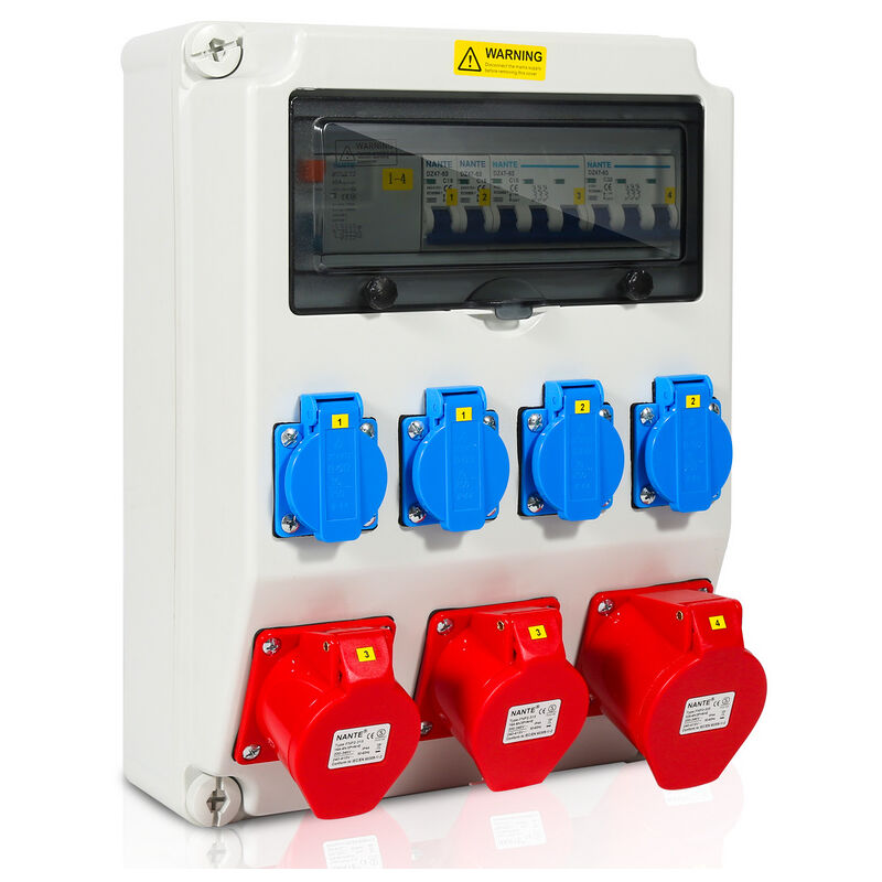 Répartiteur mural avec disjoncteur et répartiteur de courant FI,5 broches avec 4 prises Schuko et prise cee 16/32 a pour l'intérieur et l'extérieur