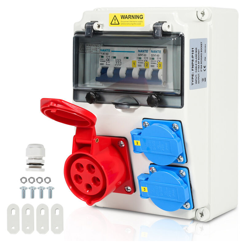 Répartiteur mural avec disjoncteur - Répartiteur de courant de construction 5 pôles avec 2 prises Schuko et prise cee 16 a - Pour l'intérieur et