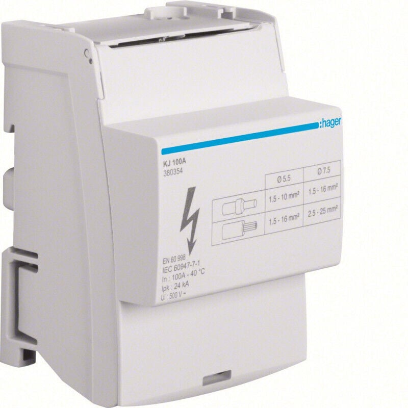 Série vega d bloc carré de connexion 4 pôles 100 a 2 x 16/8 x 10 MM². - Hager