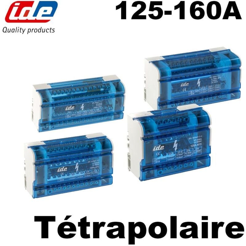 IDE - Répartiteur tétrapolaire 125A ou 160A - 6 à 14 départs - Nbre de connexion / Calibre - Répartiteur 4 Pôles - 10 départs - 125A