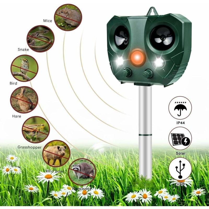 

Repelente de gatos ultrasónico repelente de gatos para exteriores, repelente de gatos solar impermeable y frecuencia ajustable, con alarma y luces