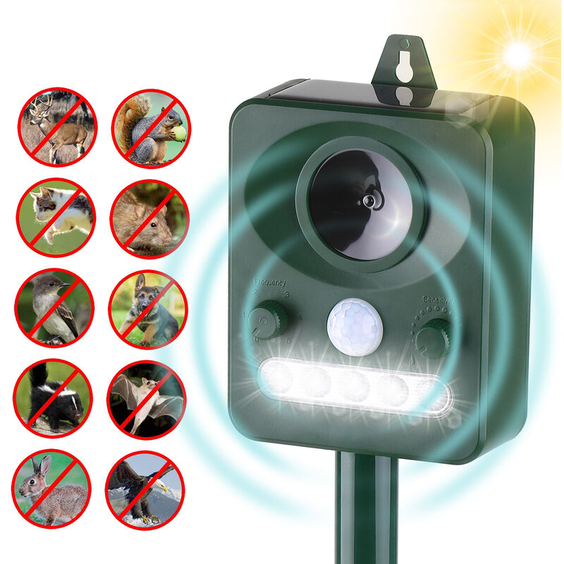 

Happyshopping - Repelente solar ultrasonico de plagas Repelente de animales al aire libre, con sensor de movimiento de sonido ultrasonico y luz