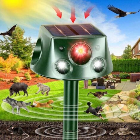 Repelente ultrasónico para gatos para exteriores, 6 modos ajustables, carga solar y USB, resistencia al agua IP66, con luz LED.