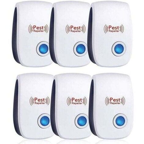 Repelente ultrasónico para ratones (paquete de 6). Eficaz contra ratones, ratas, moscas, mosquitos, plagas, arañas y cucarachas. Seguro y no tóxico.