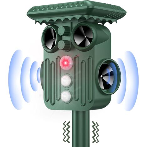 Repelente ultrasónico solar gatos exteriores IP66, luz LED intermitente, ahuyenta mascotas/serpientes