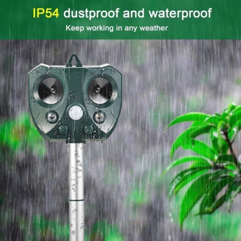 Repelente ultrasónico solar para animales con iluminación LED, apto contra perros, gatos, ratas y ardillas, con detector de movimiento, carcasa de ABS verde, grado de protección IP54, 450 g, 15,6 x 15