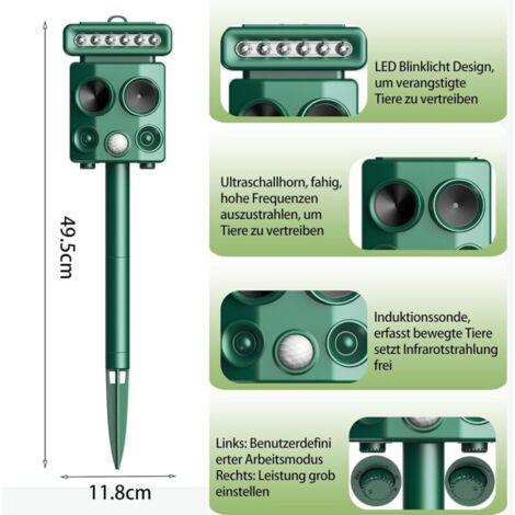 Repellente per animali domestici a ultrasuoni - 4 modalità - Con rilevatore di movimento PIR e luce LED lampeggiante - Ricarica solare e USB - Impermeabile - Per gatti, cani, uccelli e animali selvati