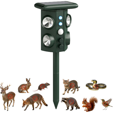 Repellente ultrasonico solaire pour chats, 5 modes, détecteur PIR, flash LED