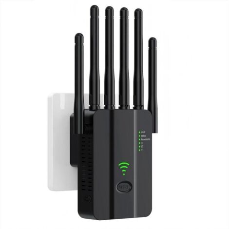Répéteur WiFi 2,4 GHz – Amplificateur 300 Mbps avec 6 antennes, 2 ports LAN et bouton WPS, usage intérieur/extérieur