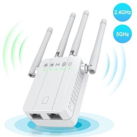 Répéteur WiFi Amplificateur Extender AP 1200 Mbps 2 Port Ethernet, couvre jusqu'à 100 m, Compatible avec toutes les box internet