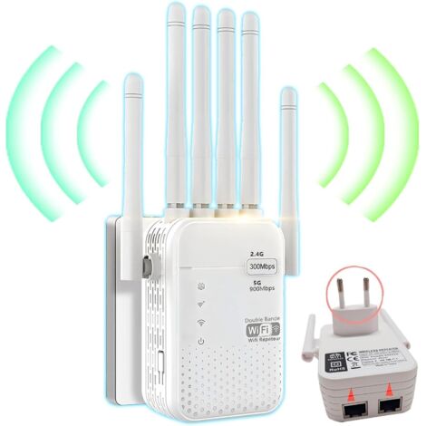 Répéteur WiFi,Amplificateur WiFi,repeteur WiFi Puissant avec 6 Antennes Puissantes,2 Ports LAN,Mode Répéteur & Routeur & AP,repeteur WiFi Exterieur Couverture WiFi de 1000 m²,Facile à Installer