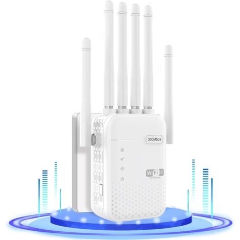 Répéteur WiFi,Amplificateur WiFi,repeteur WiFi Puissant avec 6 Antennes Puissantes,2 Ports LAN,Mode Répéteur & Routeur & AP,repeteur WiFi Exterieur Couverture WiFi de 300 m²,R082