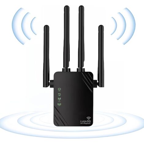 Repetidor WiFi, Amplificador WiFi Blanco 1200Mbps Doble Banda 2.4G/5G, Amplificador WiFi, 2 Puertos LAN, 4 Antenas, Extensión WiFi para Casa y Oficina, Repetidor/Router/Ap