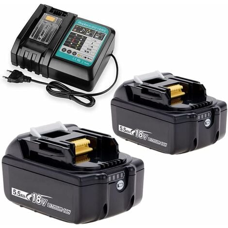 TEETOK Replacement 5.5Ah battery Compatible with Makita Battery 18v BL1850 BL1840 BL1860 LXT DC18RC battery charger with 2X 5.5Ah battery + 1x fast charger (Charger with safety protection and music reminder)