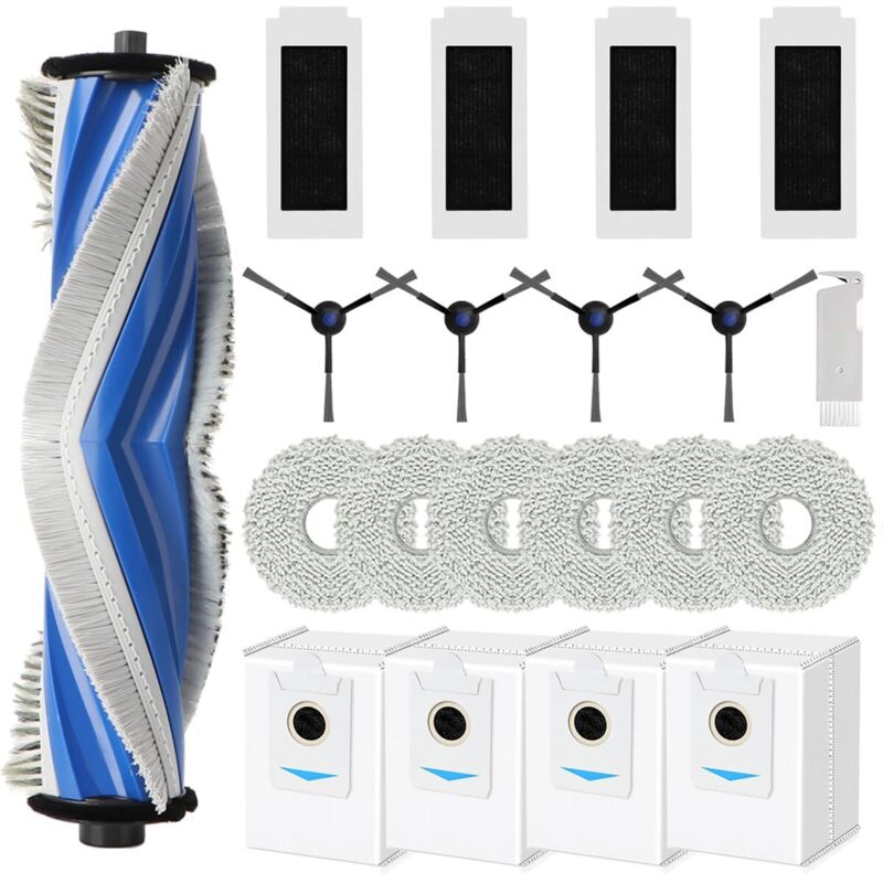 Replacement accessories for Ecovacs Deebot T30S Pro/ T30S, parts with 1 main brush, 4 HEPA filters, 6 mop pads, 4 dust bags, 4 side brushes