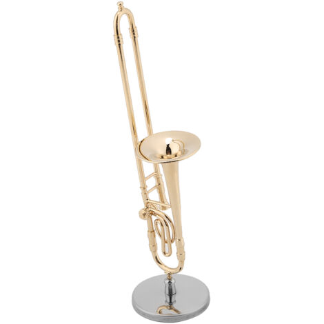 Réplique Décorative de Trombone Doré Miniature avec Socle et Boîtier, Idée Cadeau Instrument de Musique