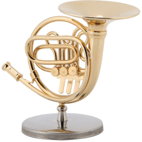 Réplique Miniature de Cor d'Harmonie Doré 4cm avec Support - Décoration Instrument Modèle Cadeau de Noël