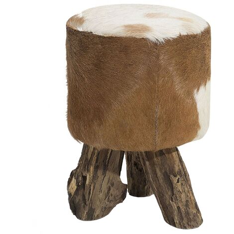 Reposapiés de cuero de cabra madera teca trípode patas patrón de vaca estilo rústico Kent - Marrón