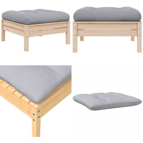 Reposapiés de jardín con cojín madera maciza de pino gris - Reposapiés de exterior - Cojín de asiento