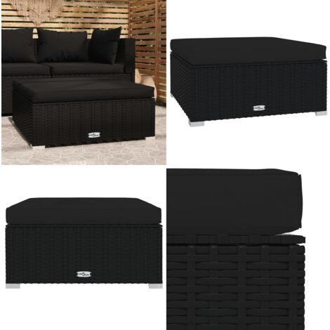 Reposapiés de jardín y cojín ratán sintético negro 70x70x30 cm - Cojín ratán sintético - Reposapiés de jardín
