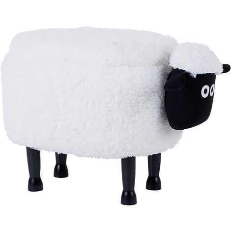 Reposapiés de poliéster blanco negro madera clara puf animal almacenaje Sheep