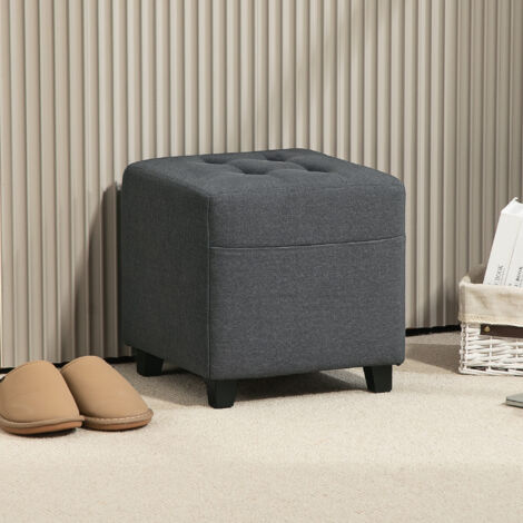 Reposapiés de Salón Taburete Bajo Tapizado en Lino con Bolsillo Lateral y Tapa con Botones Acolchados Gris