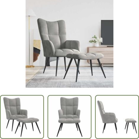 Reposapiés - Sillón de relax con taburete de terciopelo gris claro