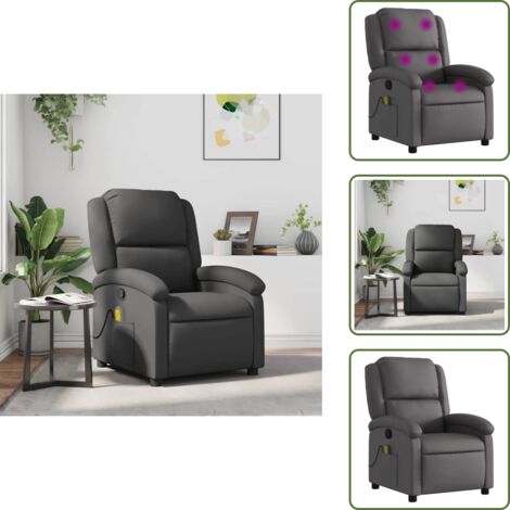 Reposapiés - vidaXL Sillón reclinable de masaje cuero auténtico gris - Respaldo