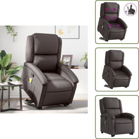 Reposapiés - vidaXL Sillón reclinable masaje elevable cuero auténtico marrón oscuro - Respaldo