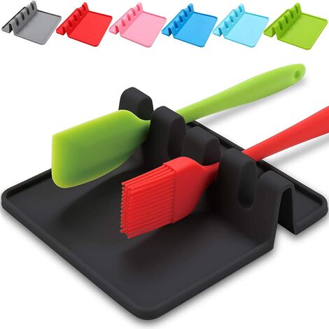 Repose cuillère Kitchen Repos ustensile Pose ustensiles Cuisine louche spatule Couvert Couvercle,Support en Silicone avec égouttoir,Outil pour protéger Plan de Travail,crédence et Plaque Cuisson(2Noir