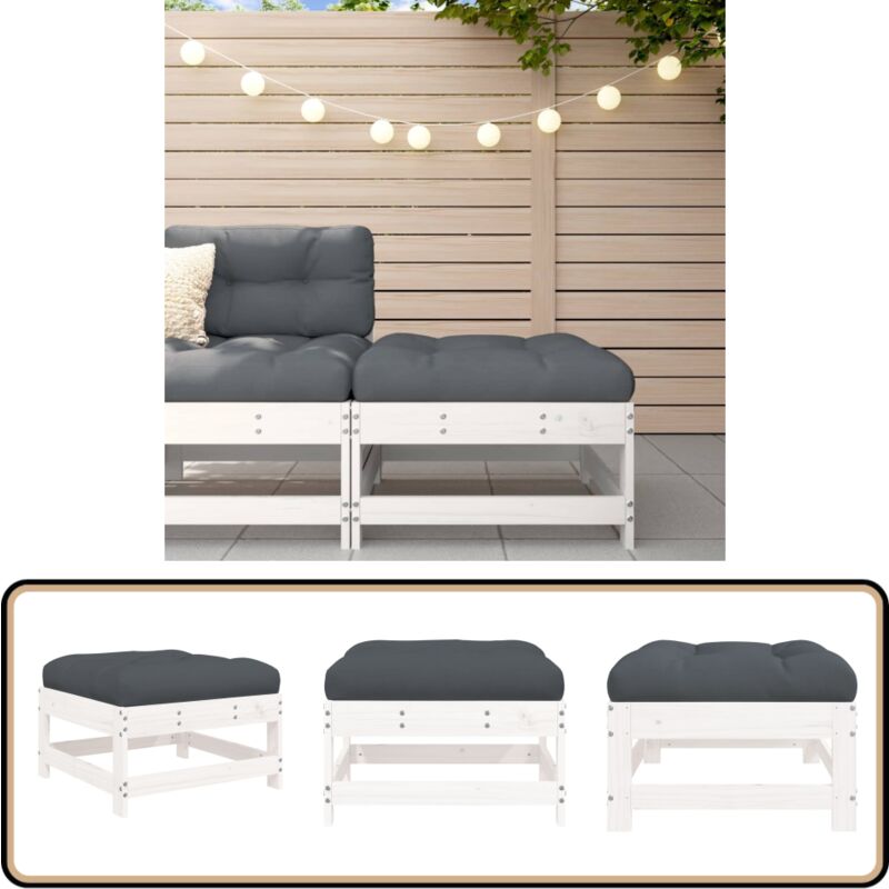 Repose-pied de jardin avec coussin blanc bois de pin massif - Repose Pied Jardin - Fauteuil Extérieur - Mobilier De Jardin - Chaise Lounge - Meubles