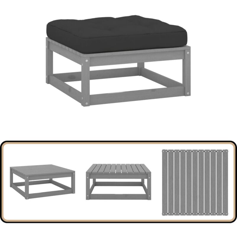 Repose-pied de jardin avec coussin Gris Bois de pin massif - Chaise De Jardin - Fauteuil De Jardin - Mobilier De Jardin - Relax - Chaise Longue