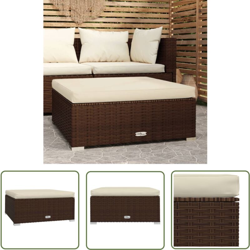 The Living Store Repose-pied de jardin coussin Marron 70x70x30 cm Résine tressée - Pouf De Jardin - Repose Pied - Mobilier De Jardin - Chaise Lounge