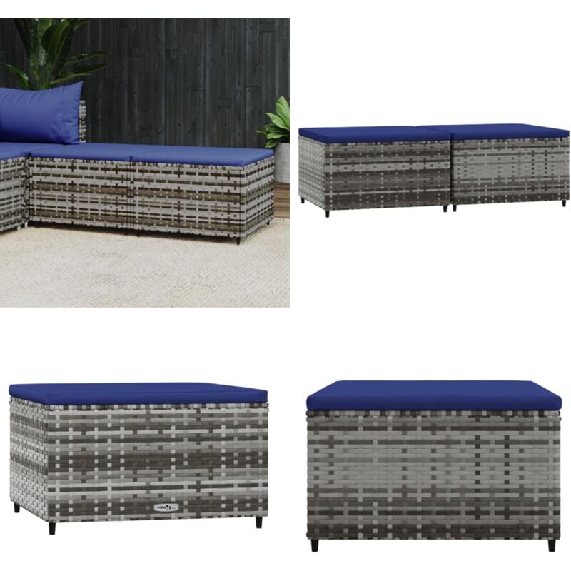 Repose-pieds de jardin et coussins 2 pcs gris résine tressée - repose-pied - repose-pieds - Home & Living